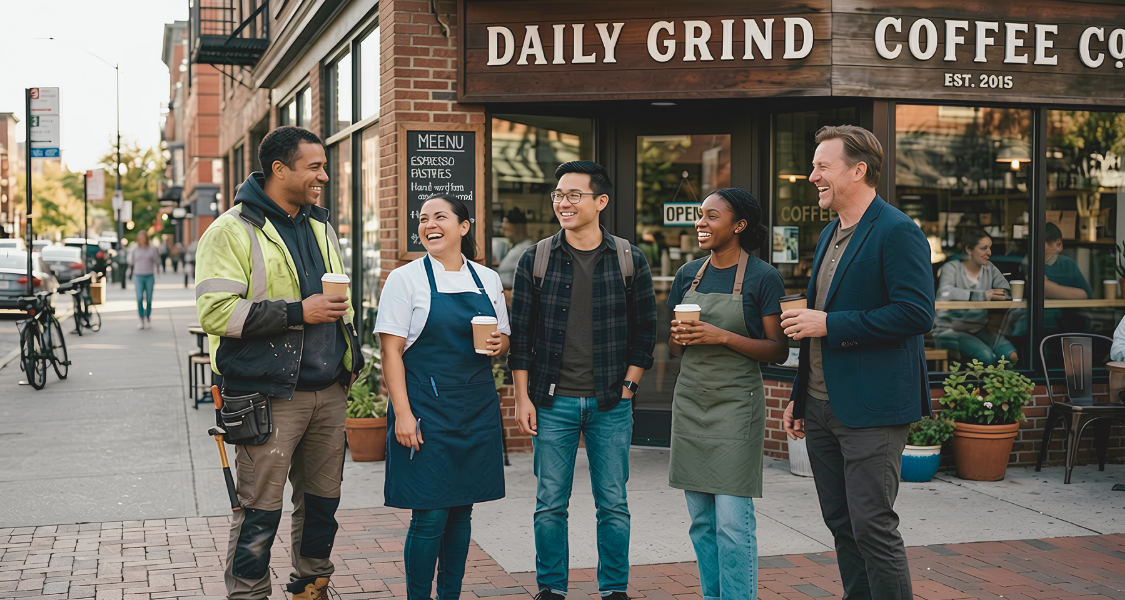 Group of people standing outside a coffee shop named 'Daily Grind Coffee Co'.